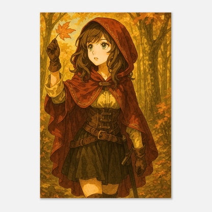 Autumn Adventure Poster – Fantasy Mädchen mit rotem Umhang und Herbstblatt im Wald, magische Wandkunst
