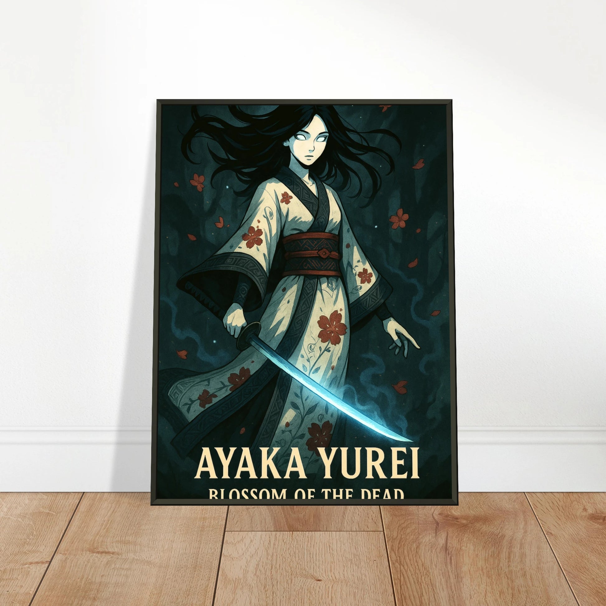 Ayaka Yurei Anime Kunstdruck im schwarzen Metallrahmen angelehnt auf Holzoberfläche – stilvolle Dekoidee