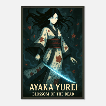 Seitliche Ansicht des Ayaka Yurei Posters im schwarzen Metallrahmen – Samurai Geisha Anime Wandbild in dunklem Stil