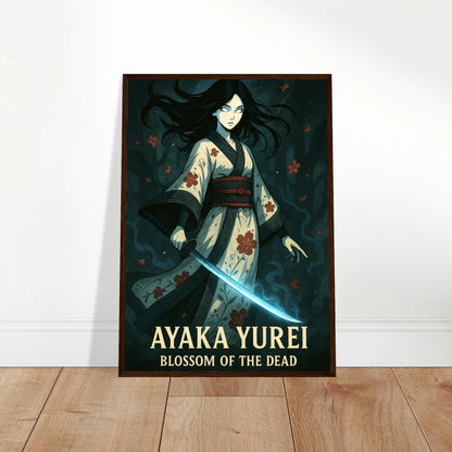 AYAKA YUREI Poster an die Wand gelehnt – faszinierende Geistersamurai mit leuchtendem Schwert, moderne Anime-Kunst für stilvolle Räume. Defa Designs.