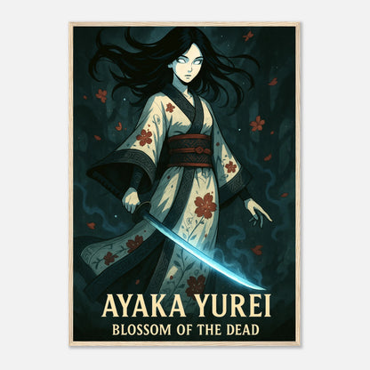 AYAKA YUREI Poster im hellbraunen Holzrahmen – mystische Samurai-Kriegerin zwischen Leben und Tod, blauer Lichtschimmer und japanische Eleganz. Defa Designs Premium Anime Art.
