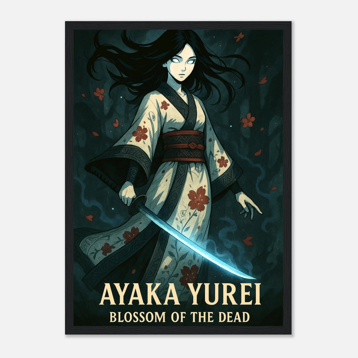 AYAKA YUREI Poster im schwarzen Rahmen – düstere Anime-Kunst einer Samurai-Geisterkriegerin, kraftvolles Motiv mit blauer Energie. Defa Designs Premium Print.