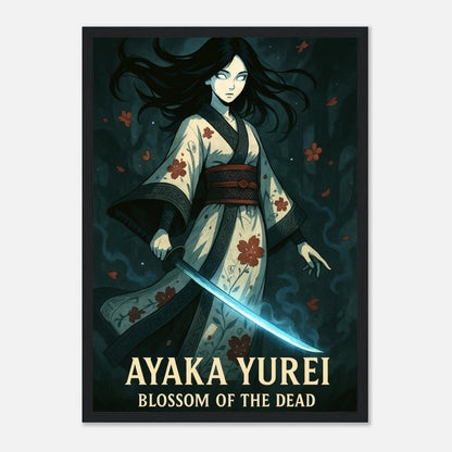 AYAKA YUREI Poster im schwarzen Rahmen – düstere Anime-Kunst einer Samurai-Geisterkriegerin, kraftvolles Motiv mit blauer Energie. Defa Designs Premium Print.