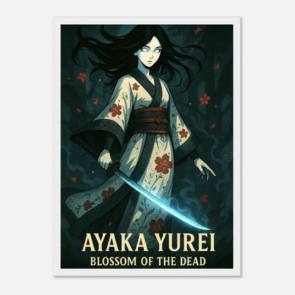 AYAKA YUREI Poster im weißen Rahmen – geisterhafte Kriegerin mit blauem Schwert, stilvolle Anime-Wandkunst inspiriert von japanischer Mythologie. Defa Designs.