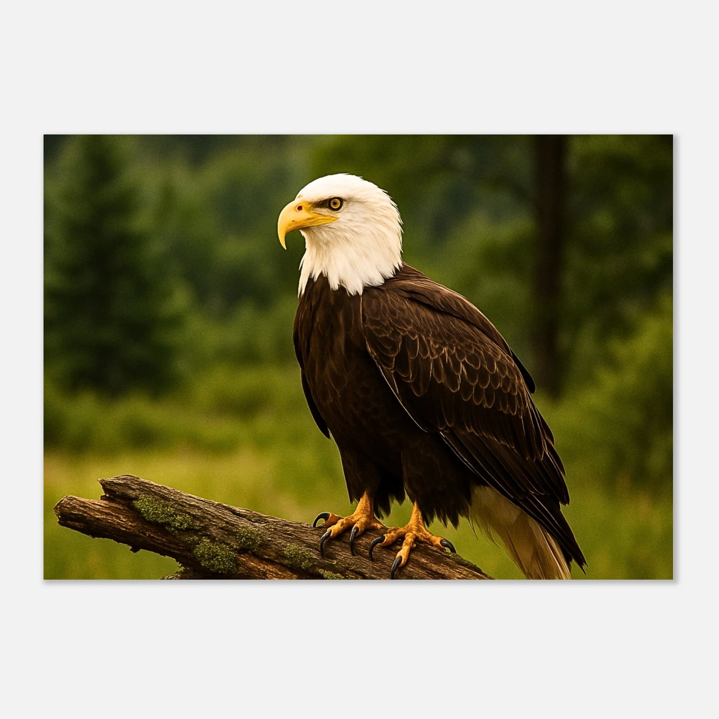 Close-up of bald eagle wall art, wildlife nature poster with detailed eagle portrait on branch.