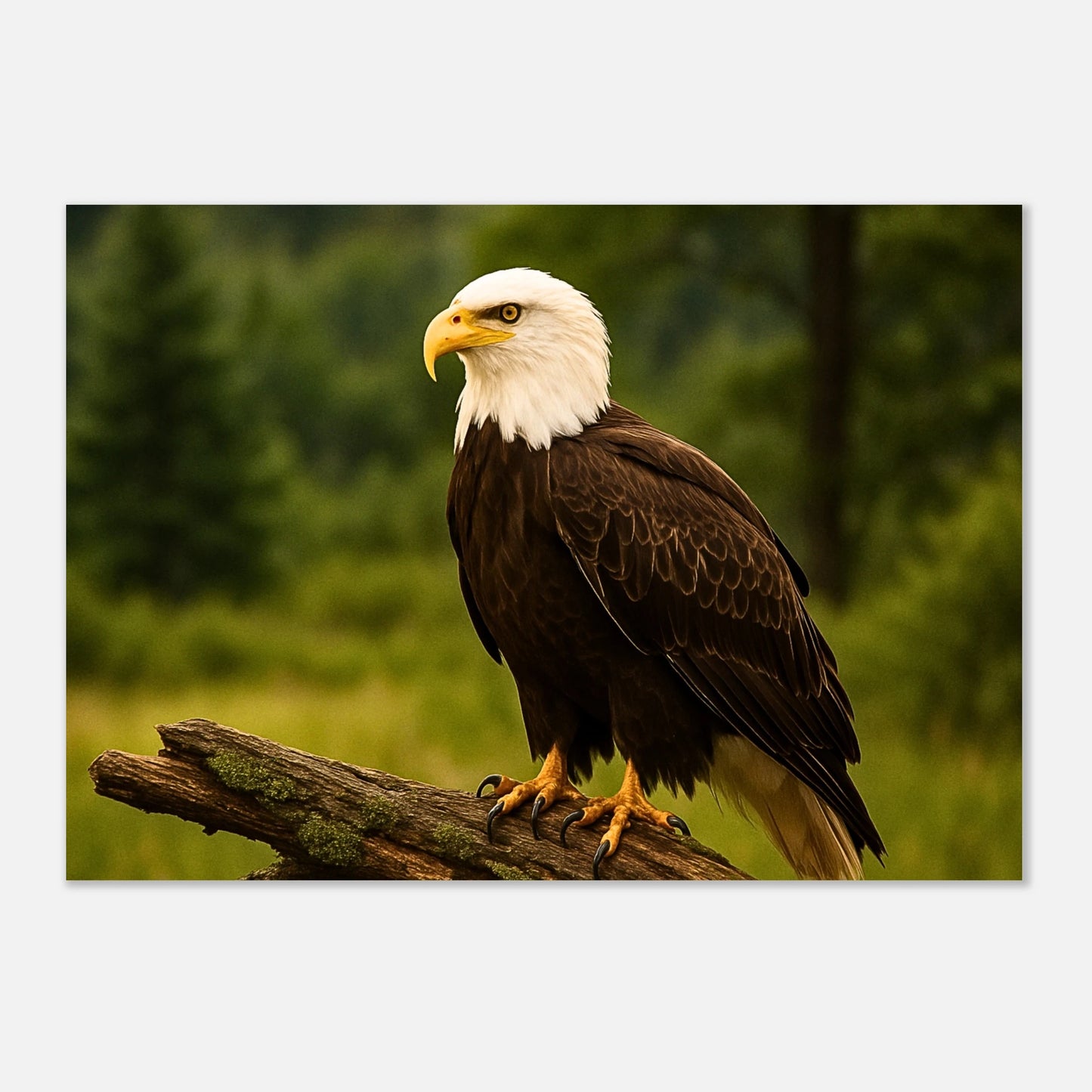 Bald eagle wall art poster, wildlife nature print of majestic eagle sitting on branch in forest background.