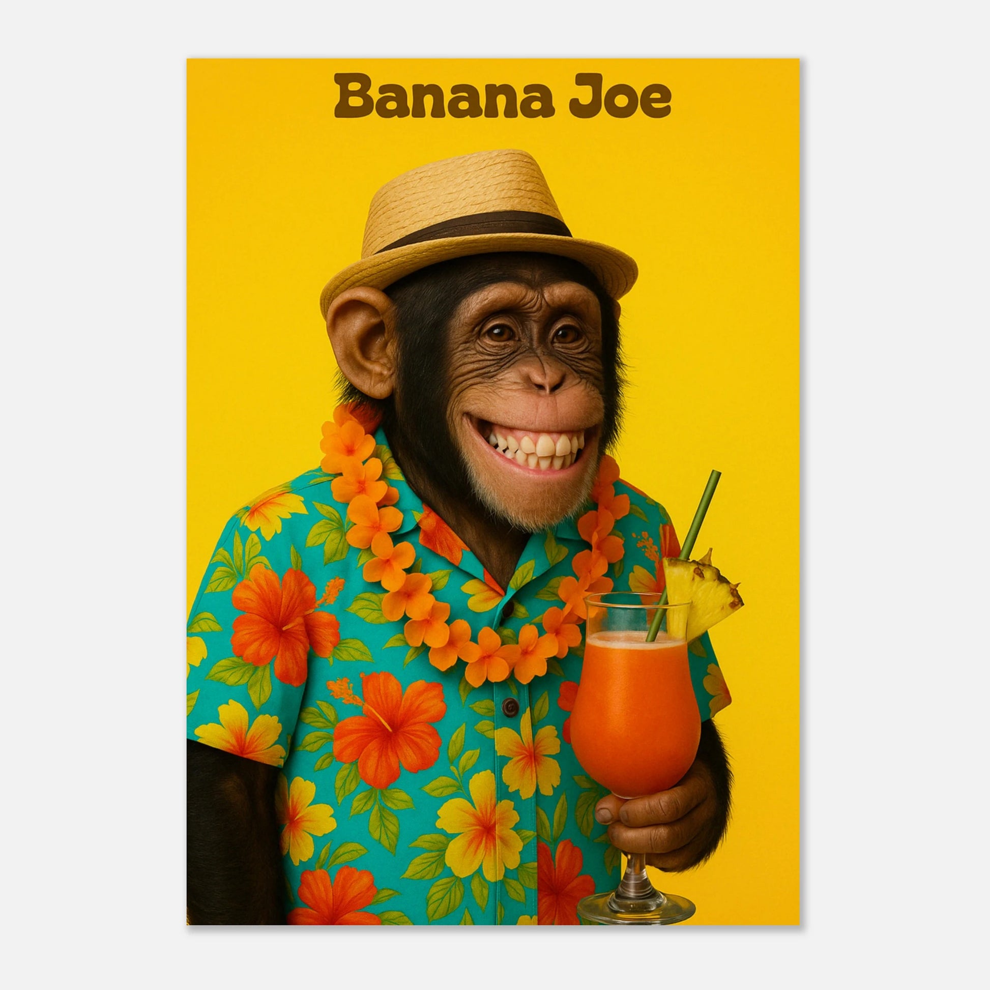 Funny monkey poster – Banana Joe with tropical drink and summer shirt, humorous animal print for colorful decor.