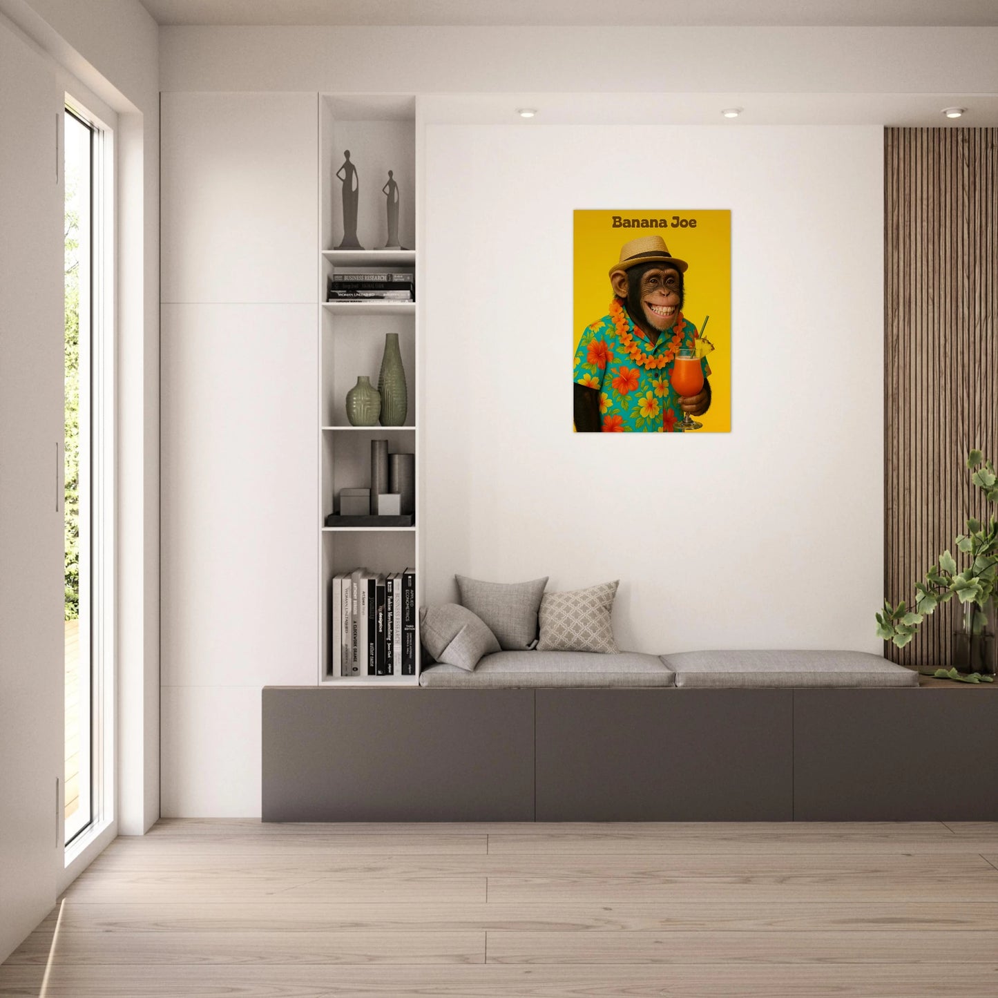 Banana Joe wall poster in light modern living room – tropical art for playful home style.