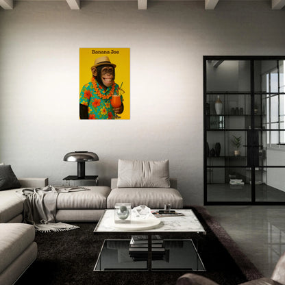 Banana Joe tropical poster in modern black-white interior – funny animal art print for stylish rooms.
