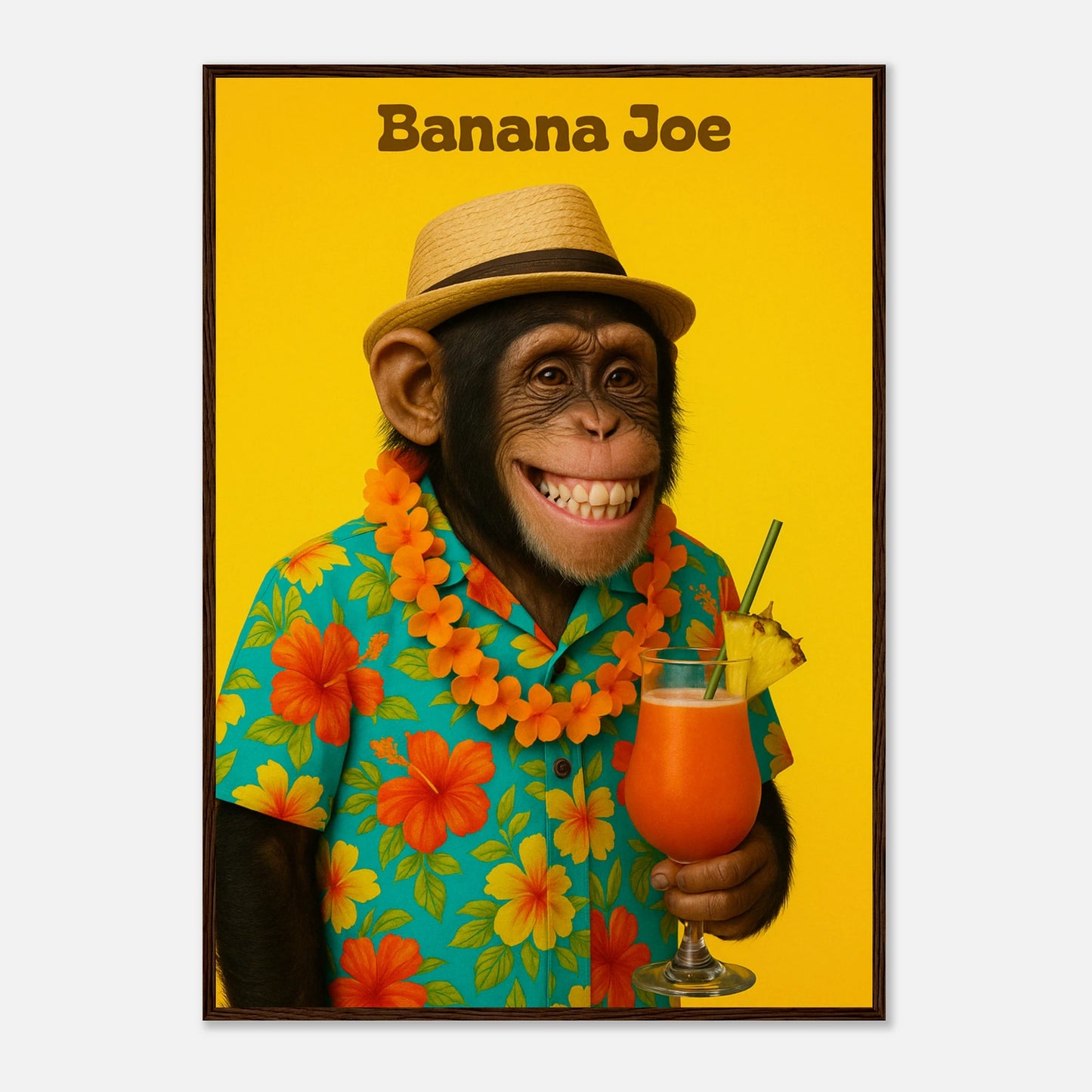 Banana Joe Poster mit dunkelbraunem Holzrahmen – farbenfrohes tropisches Affenkunstwerk als dekoratives Wandbild.