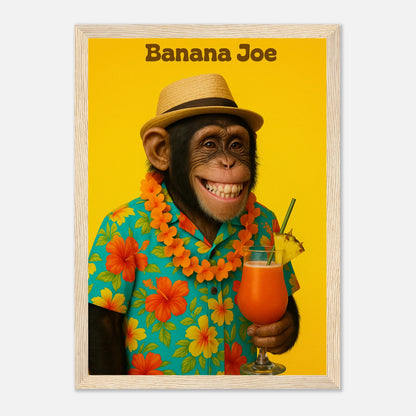 Banana Joe Poster mit hellbraunem Holzrahmen – lustiges Affenkunstwerk im tropischen Stil für Wohnzimmer oder Büro.