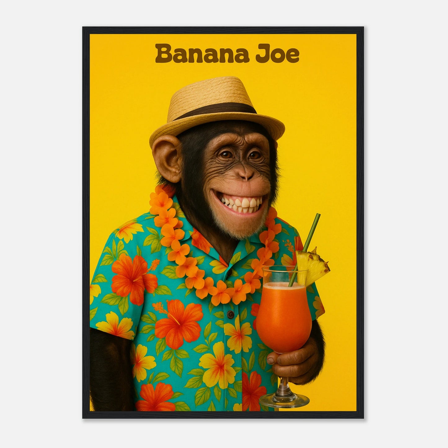 Banana Joe Poster mit schwarzem Holzrahmen – humorvolles tropisches Affenmotiv mit Cocktail als stylisches Wandbild.