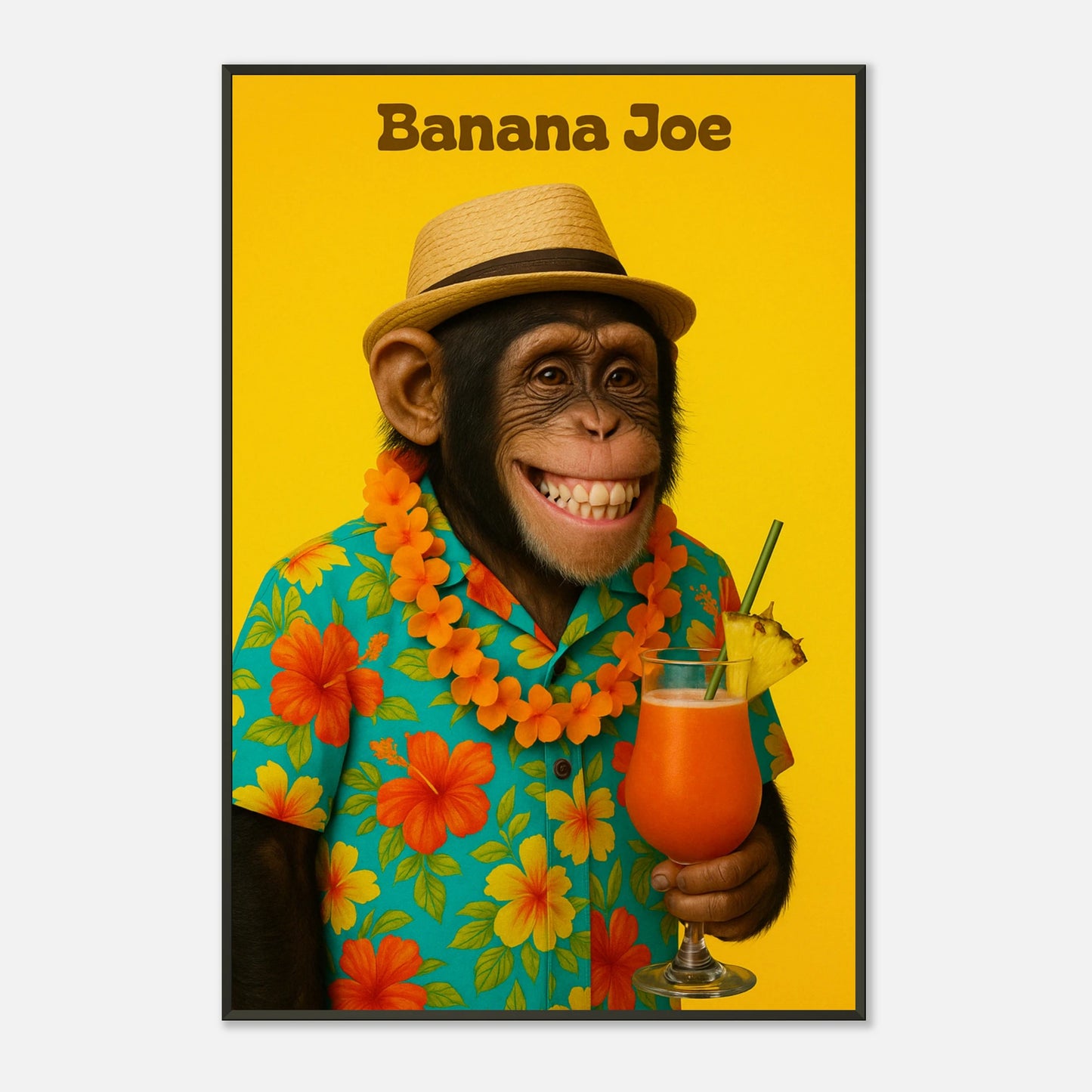 Seitenansicht des Banana Joe Posters – fröhlicher Affe mit Cocktail im bunten Hawaiihemd, leuchtende Farben und Tropenfeeling pur.