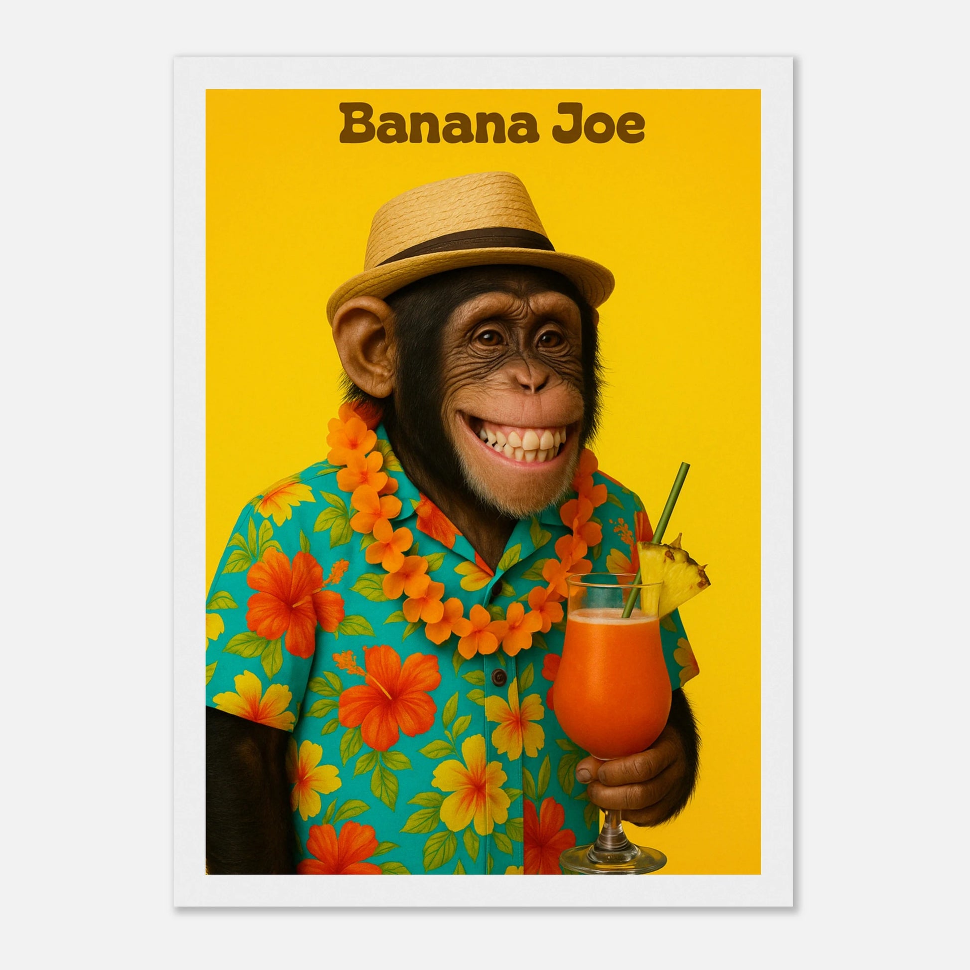Banana Joe Poster mit weißem Holzrahmen – tropisches Affenmotiv mit Cocktail und Sommer-Vibes als Wandbild.