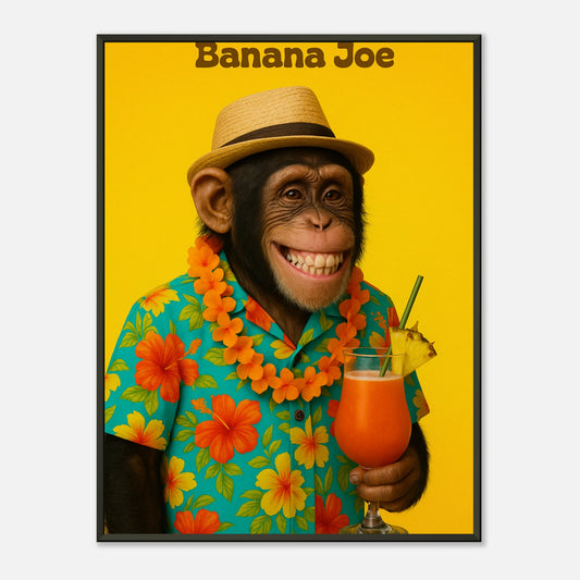 Banana Joe Poster – lustiges Tropenmotiv mit Affe im Hawaiihemd und Cocktail, eingerahmt im eleganten schwarzen Metallrahmen.