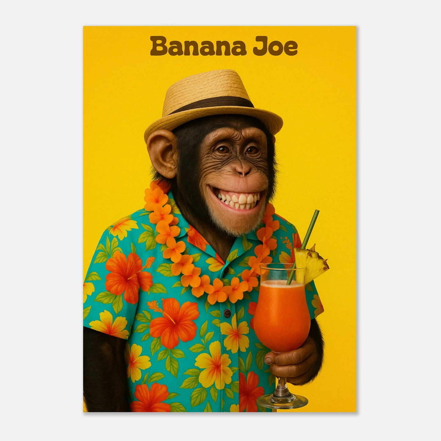 Tropical chimp poster – Banana Joe art print with cocktail and lei, bright fun wall decoration.