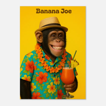Tropical chimp poster – Banana Joe art print with cocktail and lei, bright fun wall decoration.