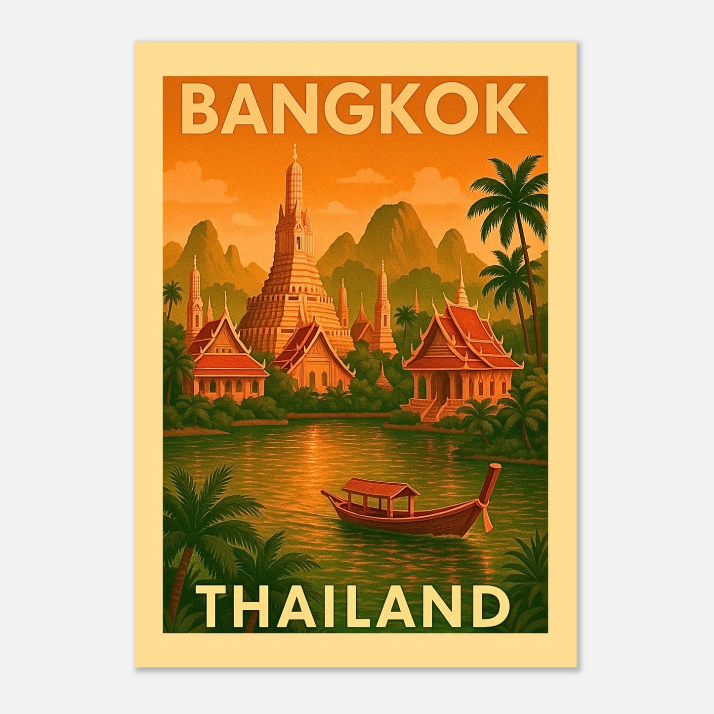 „Bangkok City Poster – Thailand Wanddeko, Vintage City Art Print mit Tempelillustration“