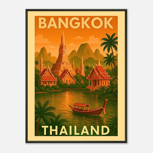 Bangkok Thailand vintage wall art poster in black metal frame featuring golden temples, river scenery and retro travel illustration