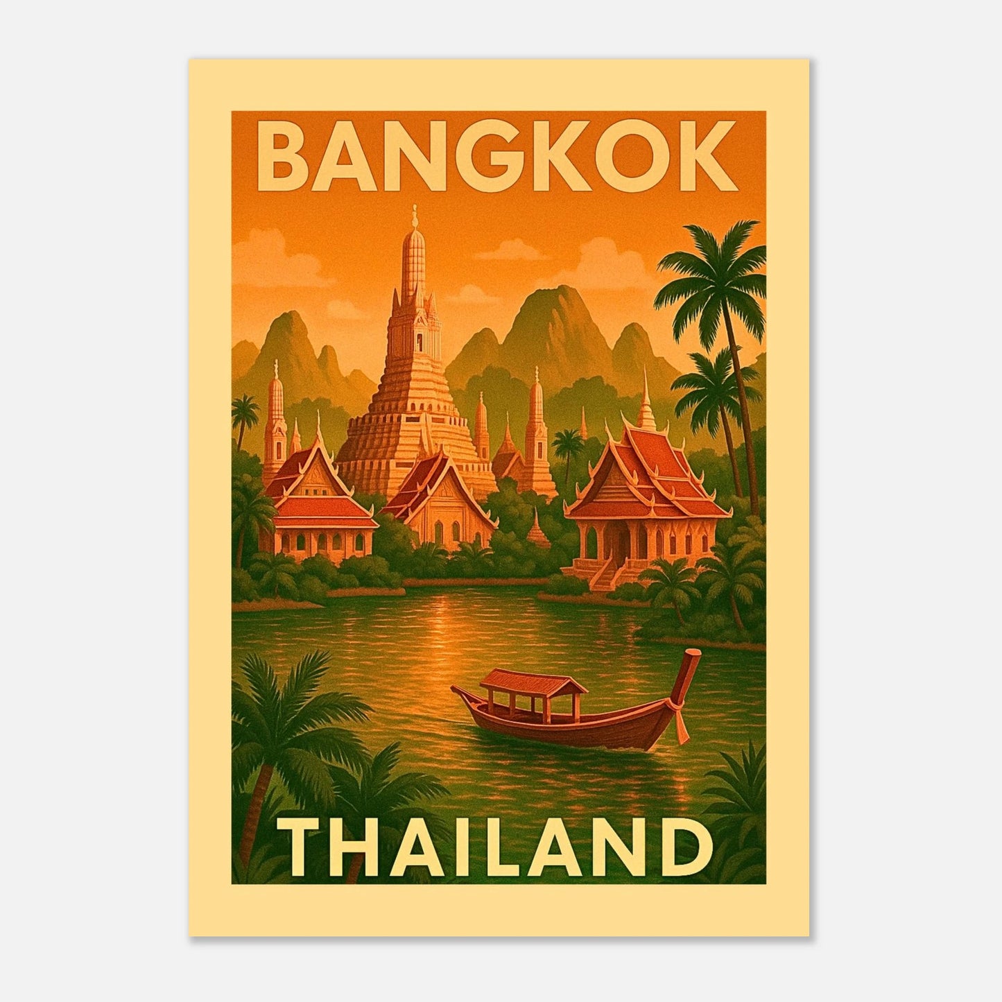 „Bangkok Wall Art Poster – Thailand Vintage Print mit Tempeln, tropischer Landschaft und Flussszene“