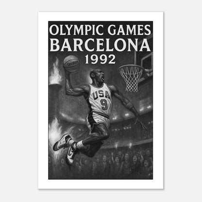 Vintage Barcelona 1992 Olympic Games Poster mit legendärer Basketball-Szene, Hommage an das Dream Team und Olympia-Geschichte