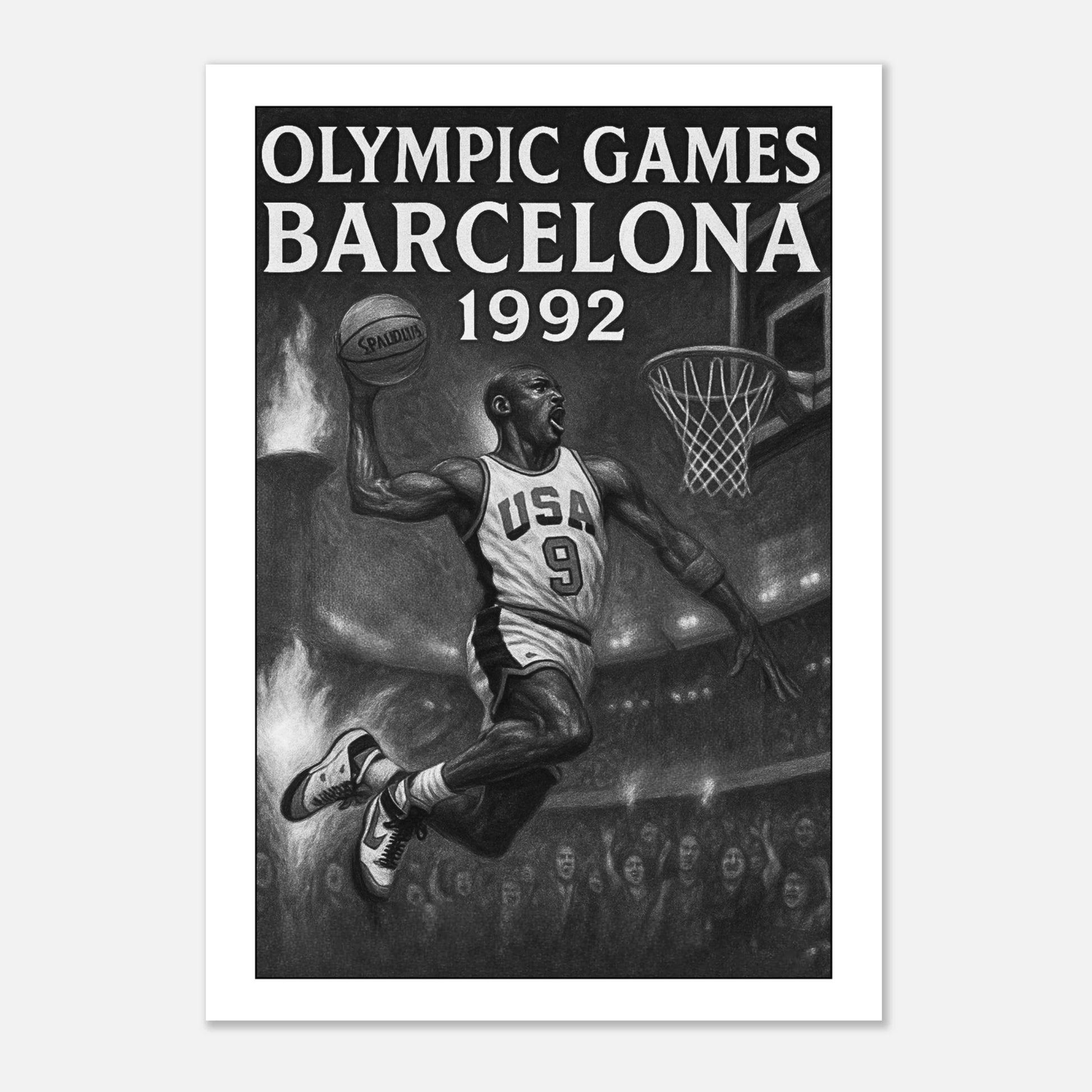 Detailansicht des Barcelona 1992 Basketball Posters mit olympischer Action-Szene, Premium-Druckqualität auf mattem Papier
