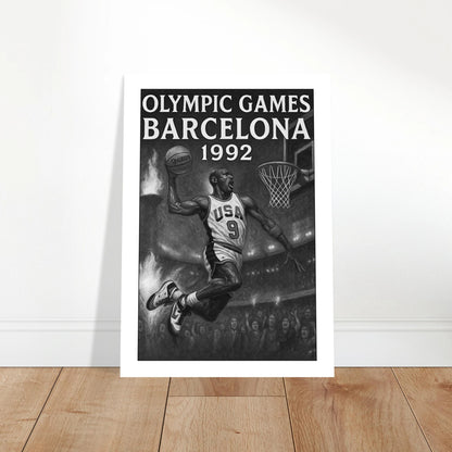 Olympisches Basketball Poster „Barcelona 1992“ als elegante Wanddekoration in heller moderner Wohnung