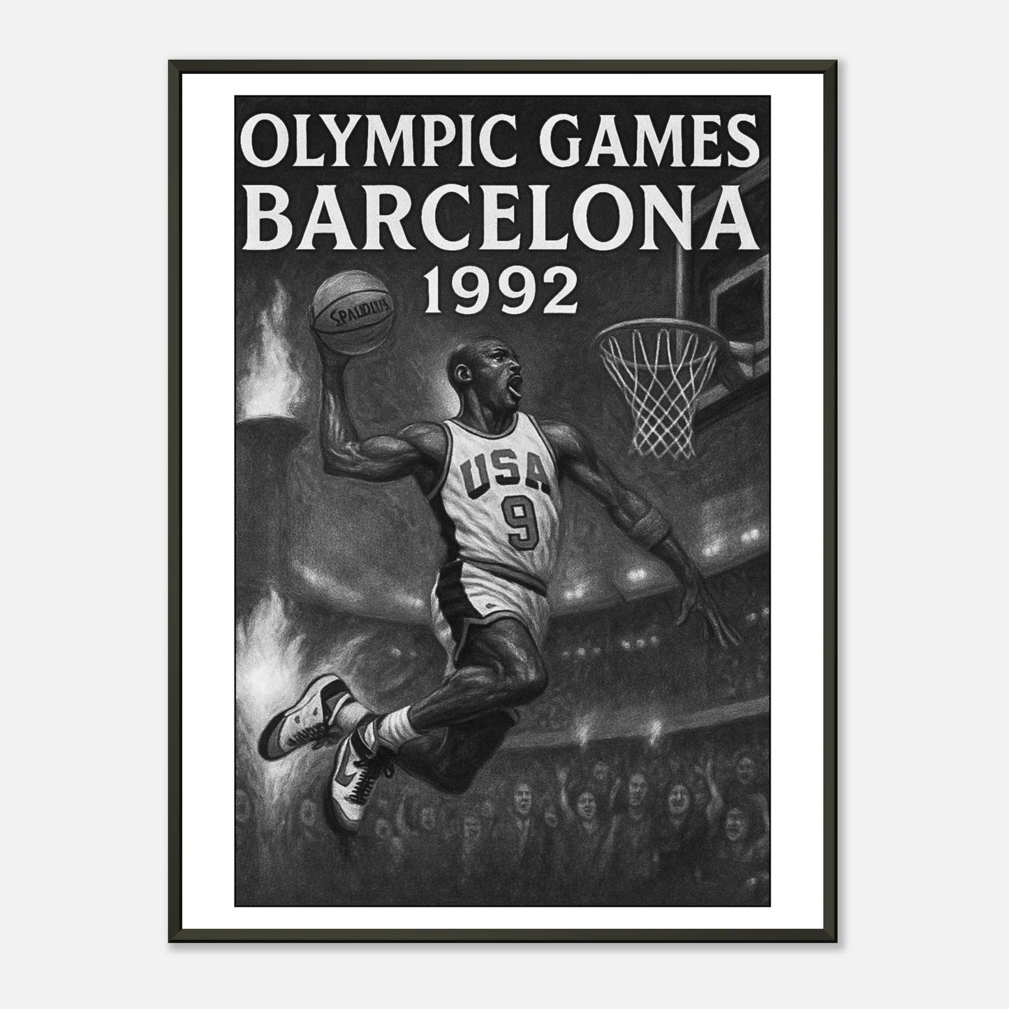 Barcelona 1992 – The Rise of Legends Basketball Poster im schwarzen Metallrahmen | Vintage Olympia Kunstwerk mit legendärem Dunk-Motiv | DEFA Designs