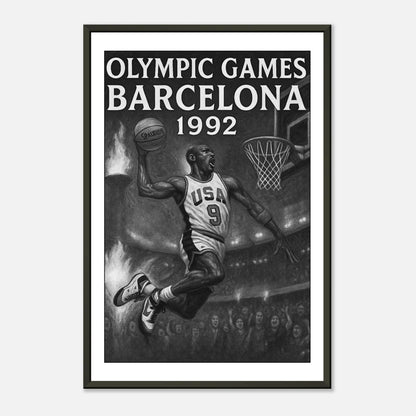 Vintage Basketball Wandbild – Barcelona 1992 | Elegantes Schwarz-Weiß Poster im schwarzen Metallrahmen | DEFA Designs