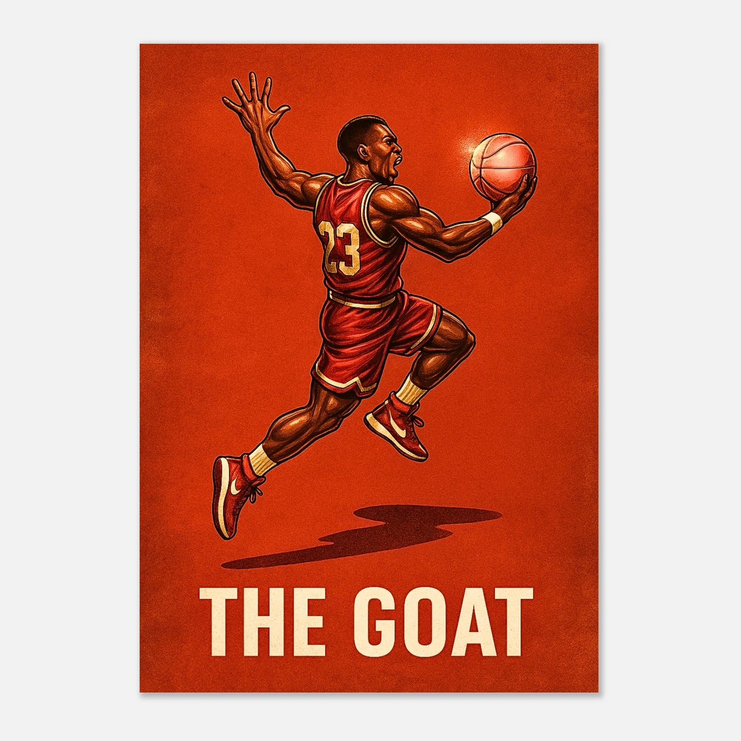 Dynamic basketball poster featuring The GOAT in mid-flight slam dunk – modern sports wall art for home and office.