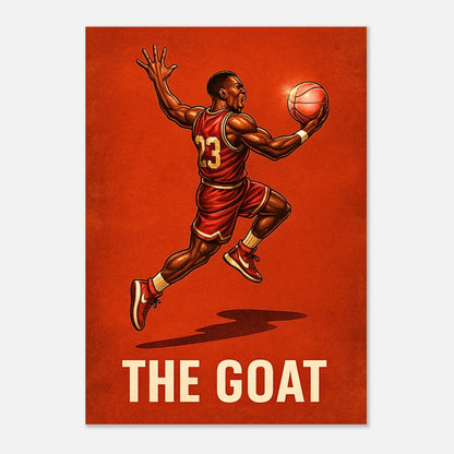 Dynamic basketball poster featuring The GOAT in mid-flight slam dunk – modern sports wall art for home and office.