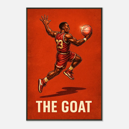 Nahaufnahme des Air Legend Posters – Basketballspieler beim Sprungwurf, leuchtend roter Hintergrund, hochwertiger Druck im schwarzen Metallrahmen | DEFA Designs