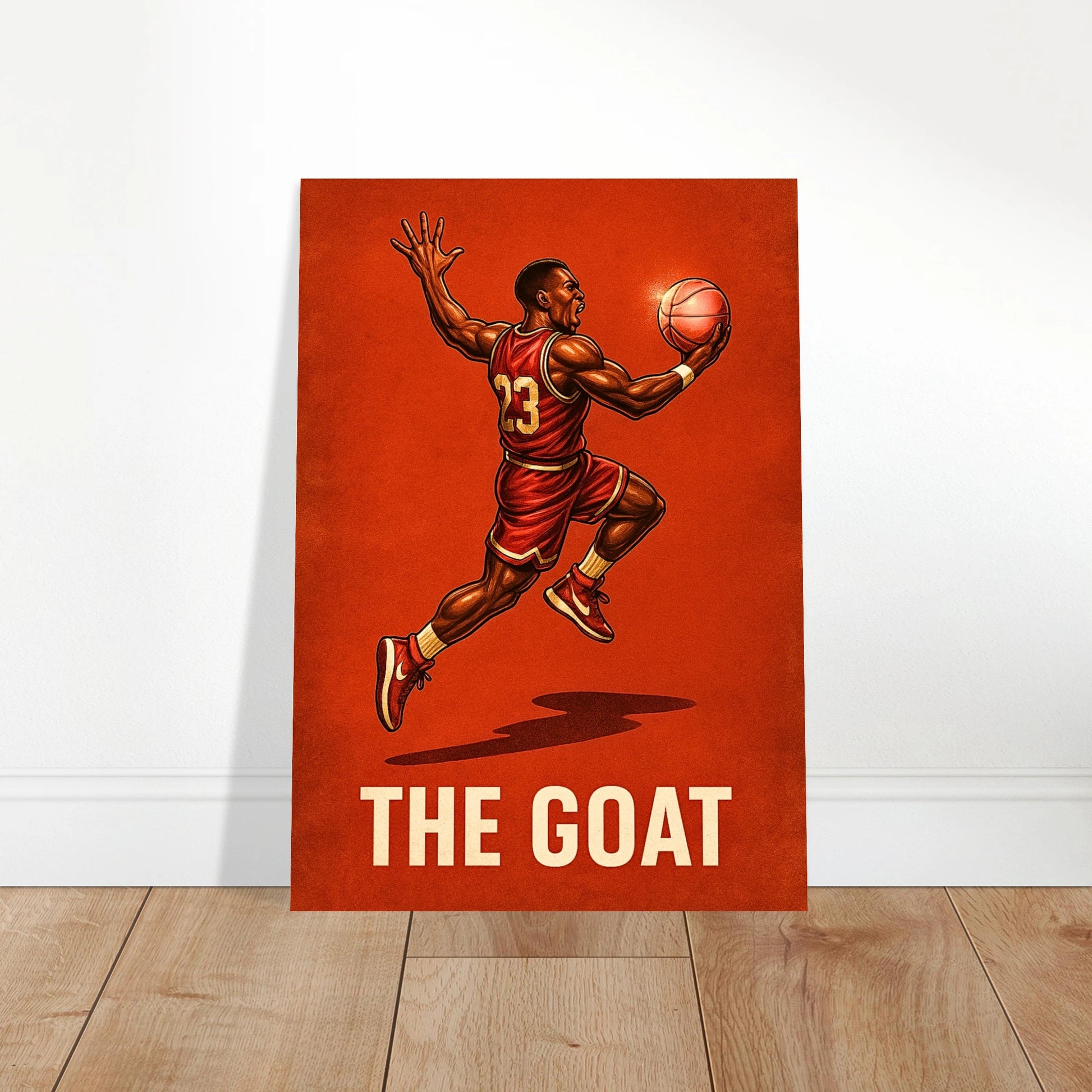 Bold red basketball art print in a contemporary dining room – perfect sports wall decor for modern interiors.