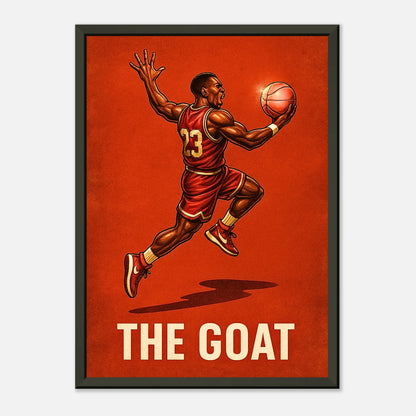 Basketballspieler Poster „The GOAT in Flight“ – ausdrucksstarke Bewegung, moderne Sportkunst im schwarzen Metallrahmen | DEFA Designs