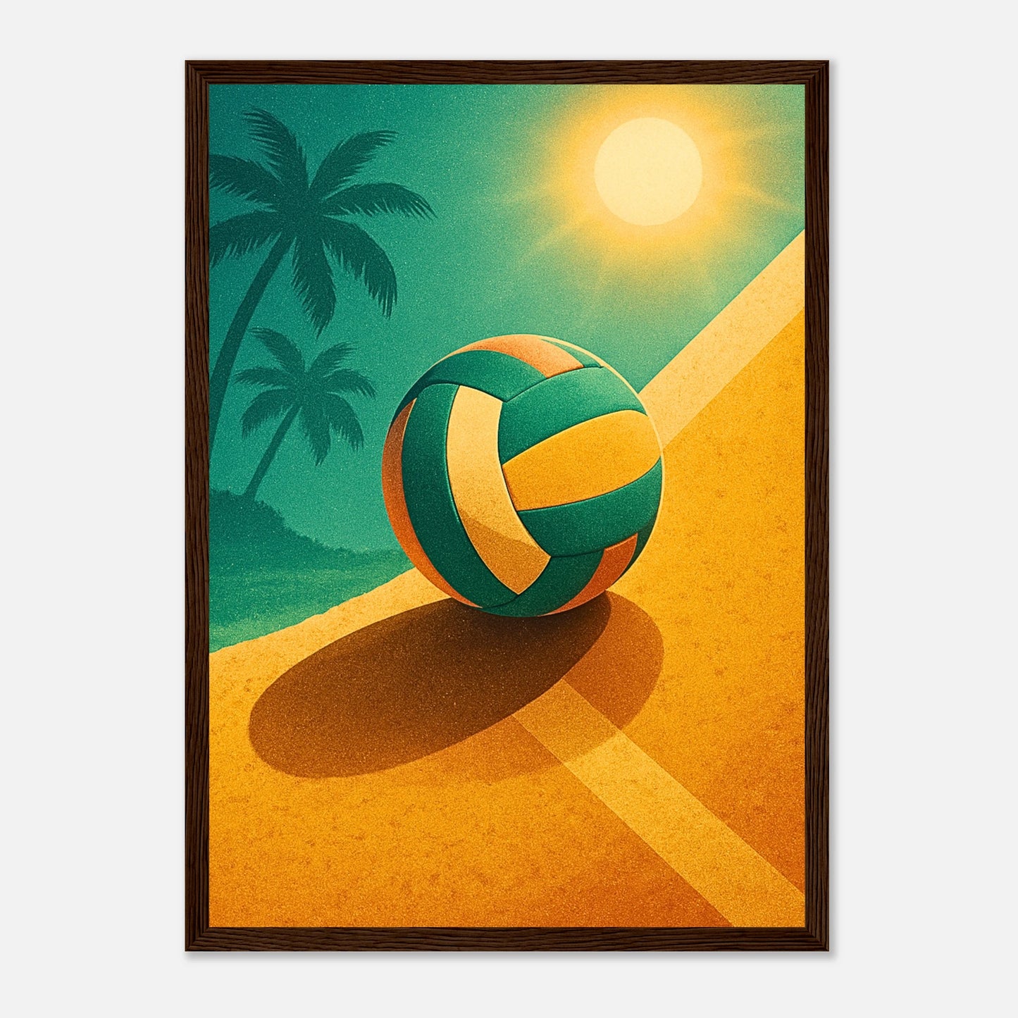 Beach Volleyball Poster im schwarzen Rahmen – modernes Wandbild mit Sonne, Sand und Palmen