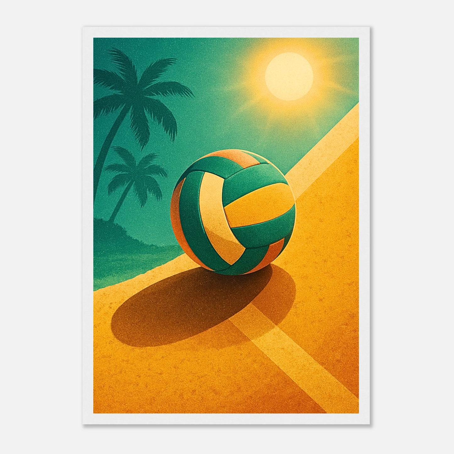 Beach Volleyball Poster im weißen Rahmen – Retro Sommer Wandbild mit Sonne, Sand und Palmen