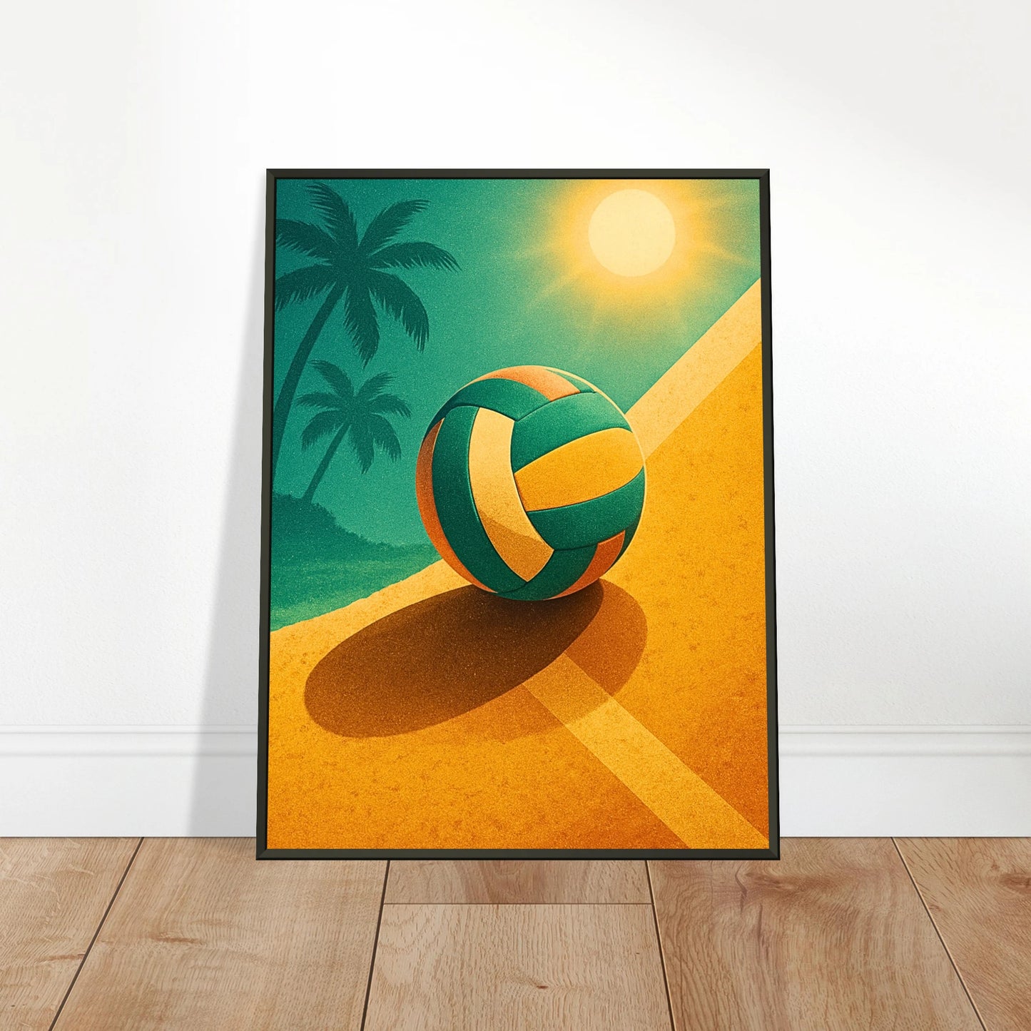 Beach Volleyball Poster „Sun, Sand & Volleyball“ an die Wand gelehnt | Hochwertiger schwarzer Metallrahmen | DEFA Designs