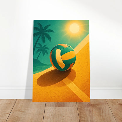 Beach Volleyball Poster auf Holzboden – moderner Sommer-Kunstdruck für Sport- und Strandfans