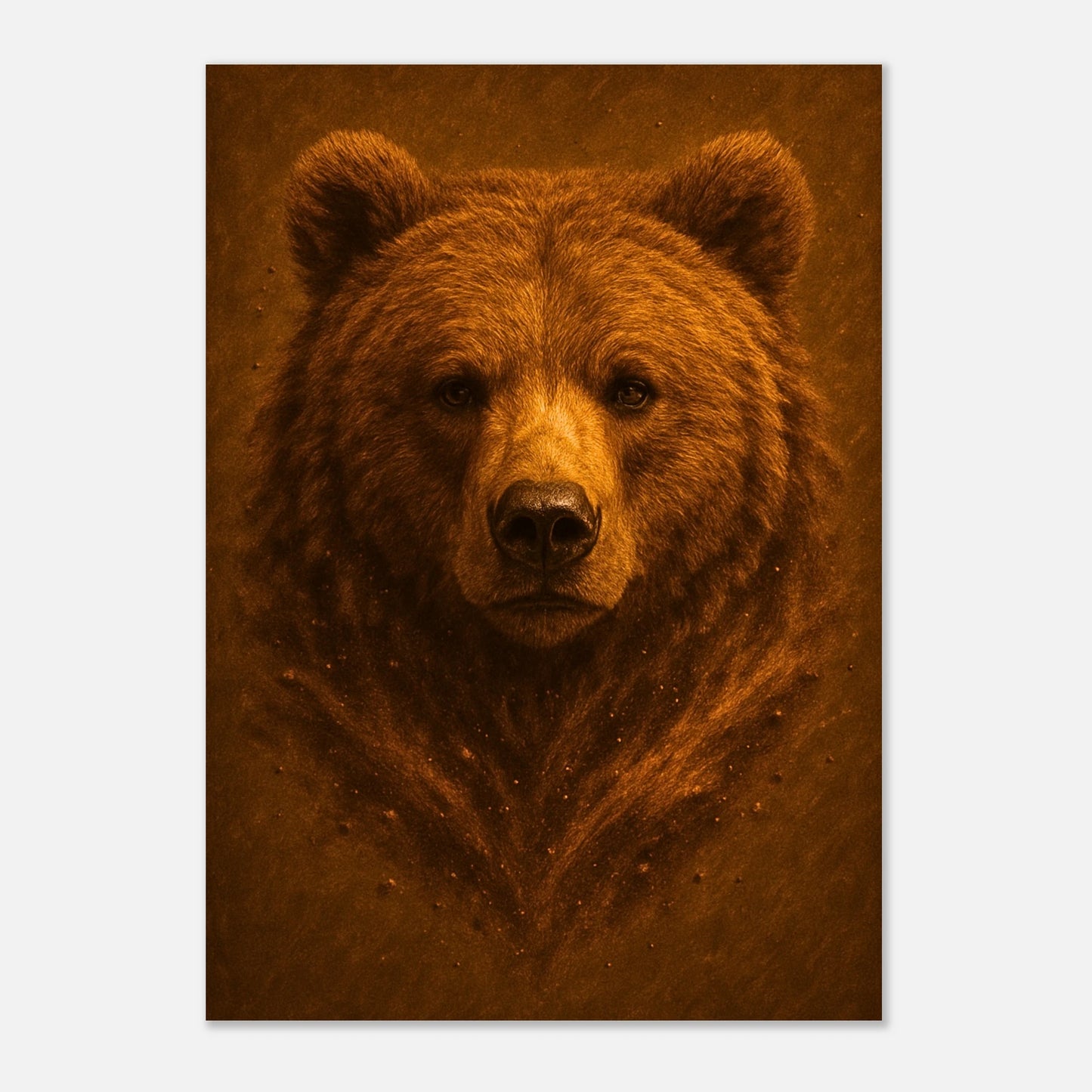 Brown bear poster leaning on wooden table, wildlife wall art print for stylish home decoration.

