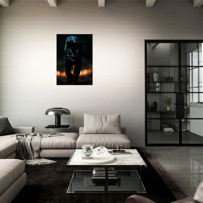 Black panther poster as interior wall decor – modern dining space with wildlife art by DEFA