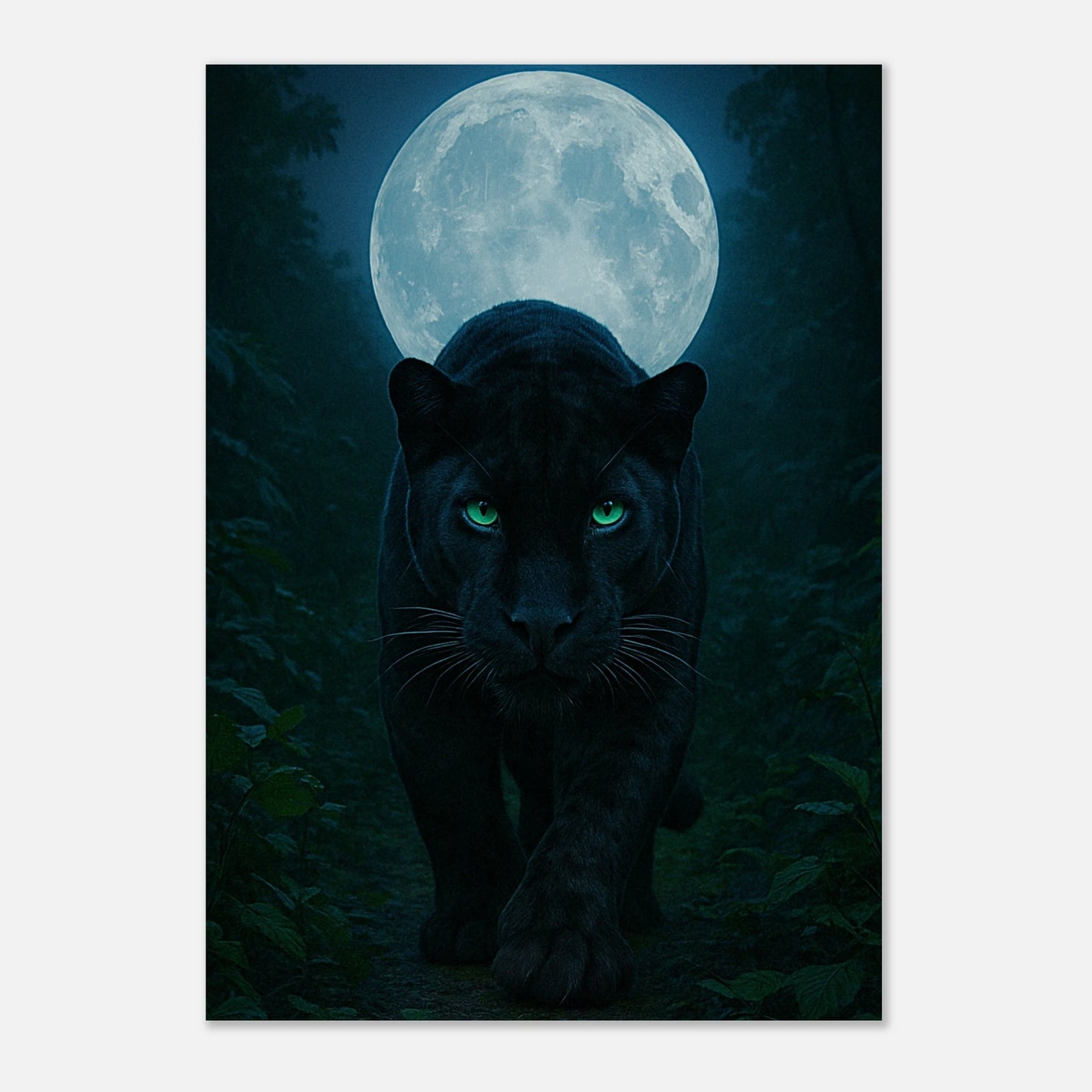 Schwarzer Panther unter Vollmond – Wild Nights Poster auf hellem Holzuntergrund