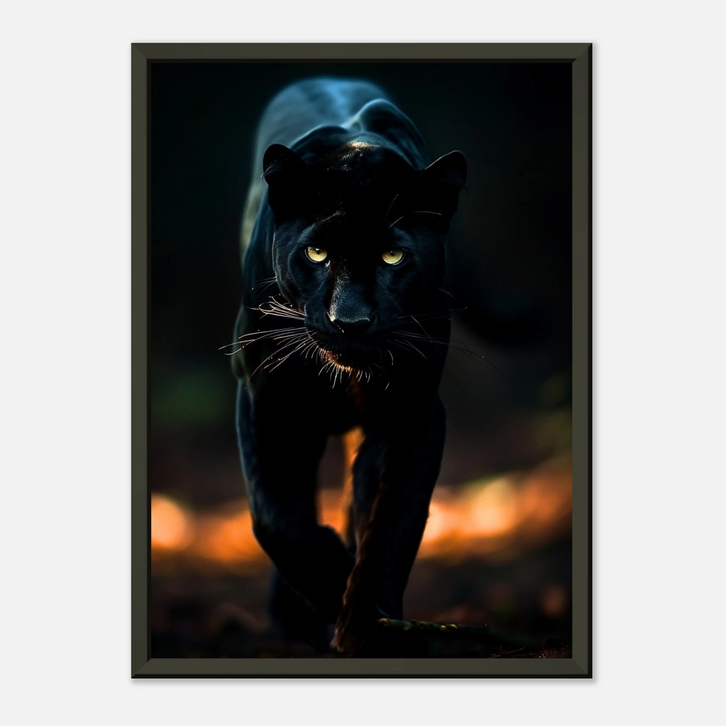 Schrägansicht des Black Panther Posters – mystische Lichtreflexe auf dem Fell, kraftvolle Pose des Panthers im schwarzen Metallrahmen.
