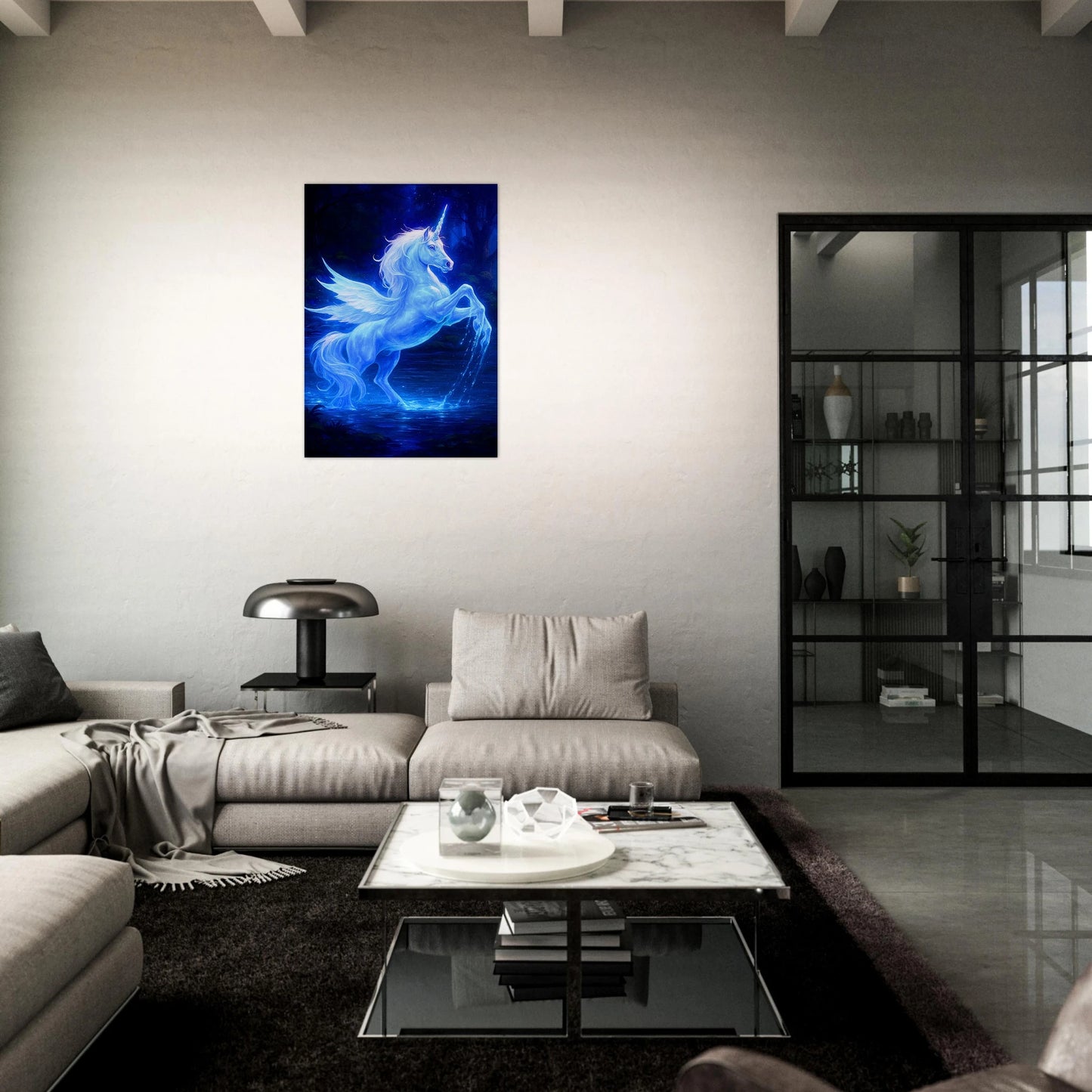 Blaues Unicorn Poster – Mystical Fantasy Art Wandbild für moderne Wohnraum Dekoration