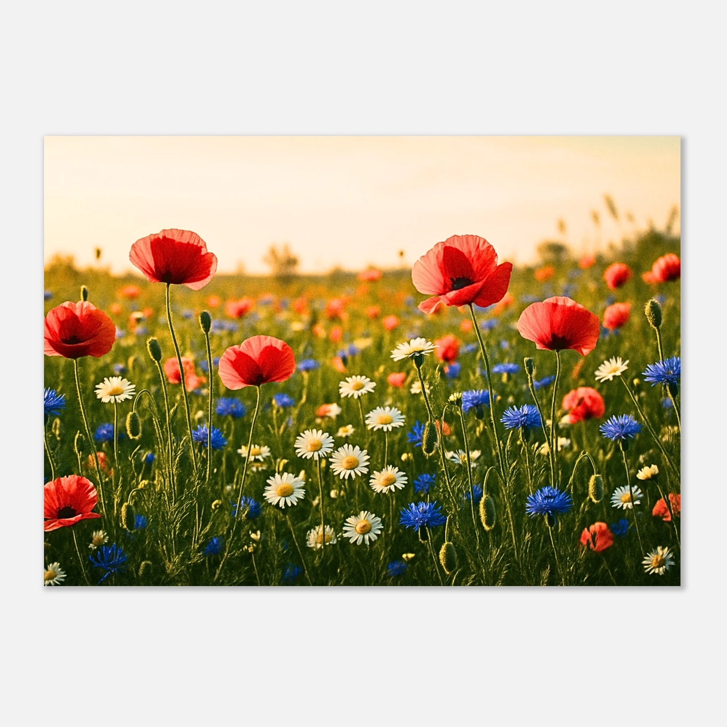 Botanical wall art of a summer meadow filled with colorful wildflowers and poppies in full bloom“