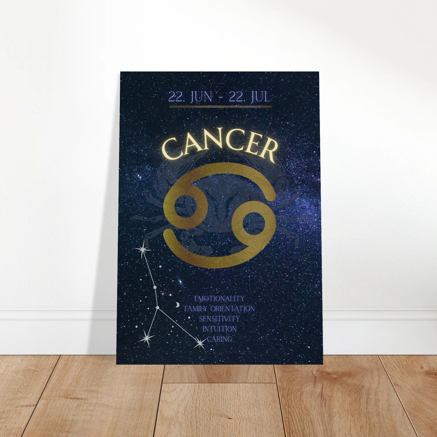 Cancer Poster in stilvollem Wohnzimmer – Mockup mit moderner Einrichtung und eleganter Wandkunst für astrologische Deko