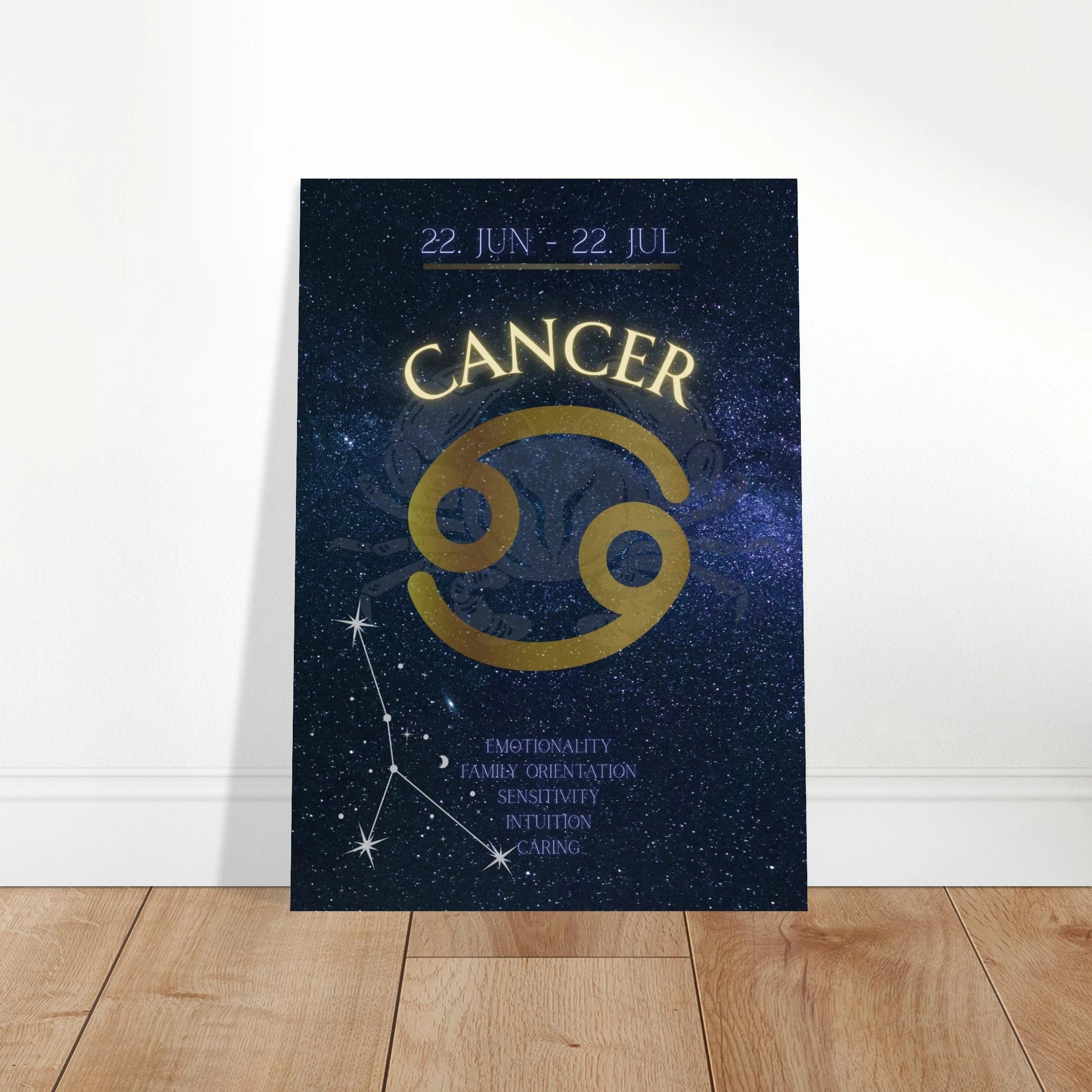 Cancer Poster in stilvollem Wohnzimmer – Mockup mit moderner Einrichtung und eleganter Wandkunst für astrologische Deko