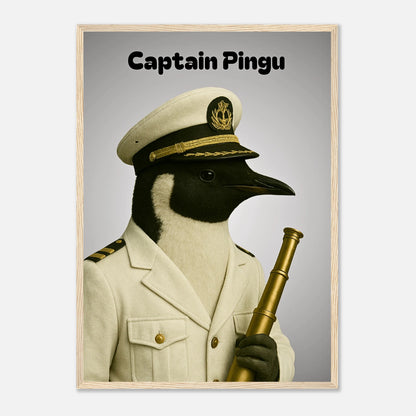 Gerahmtes Pinguin Poster „Captain Pingu – Ice-Cold Command“ im hellbraunen Holzrahmen – moderne maritime Kunst für Wohnzimmer
