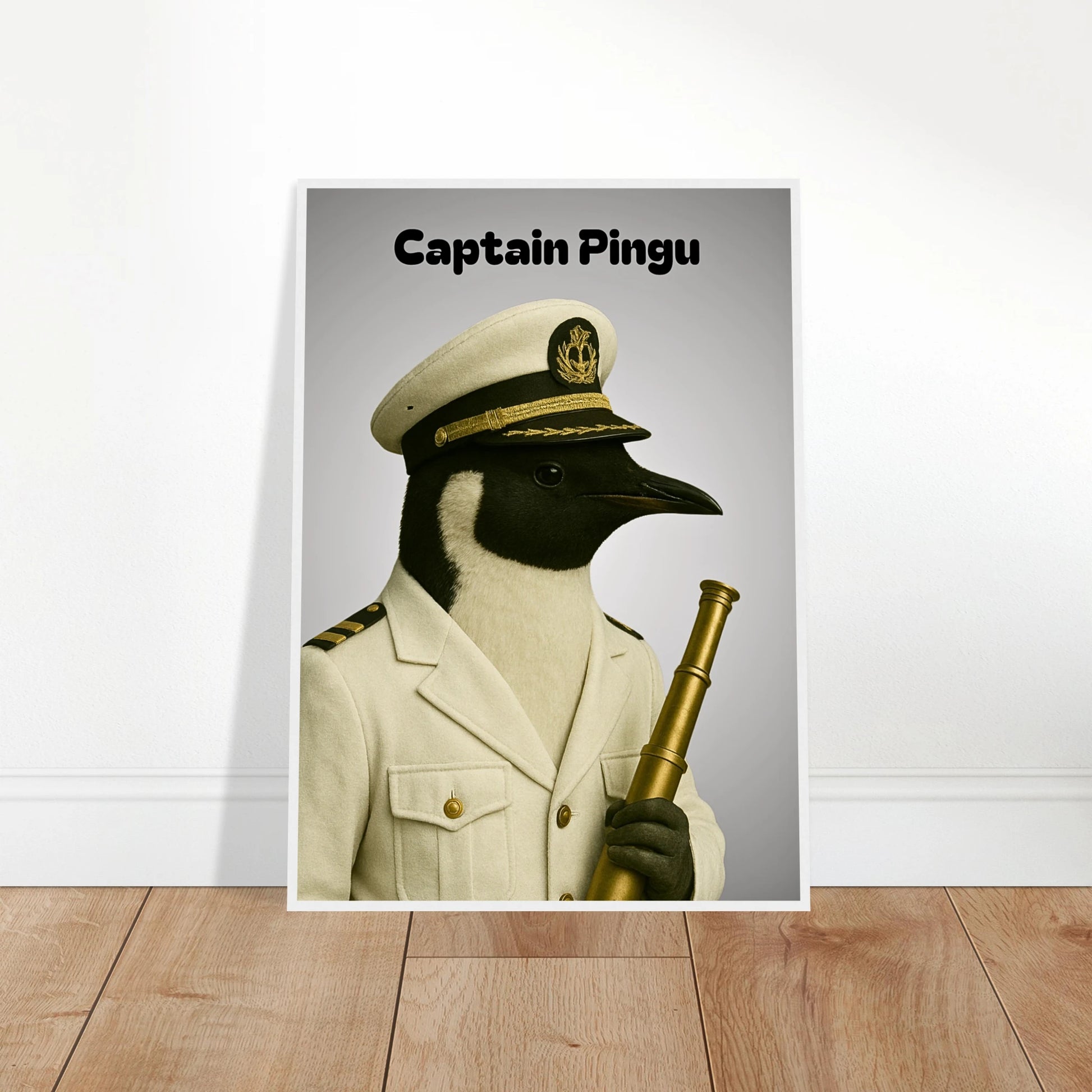 Pinguin Poster „Captain Pingu – Ice-Cold Command“ ungerahmt an die Wand gelehnt – minimalistische maritime Wandkunst