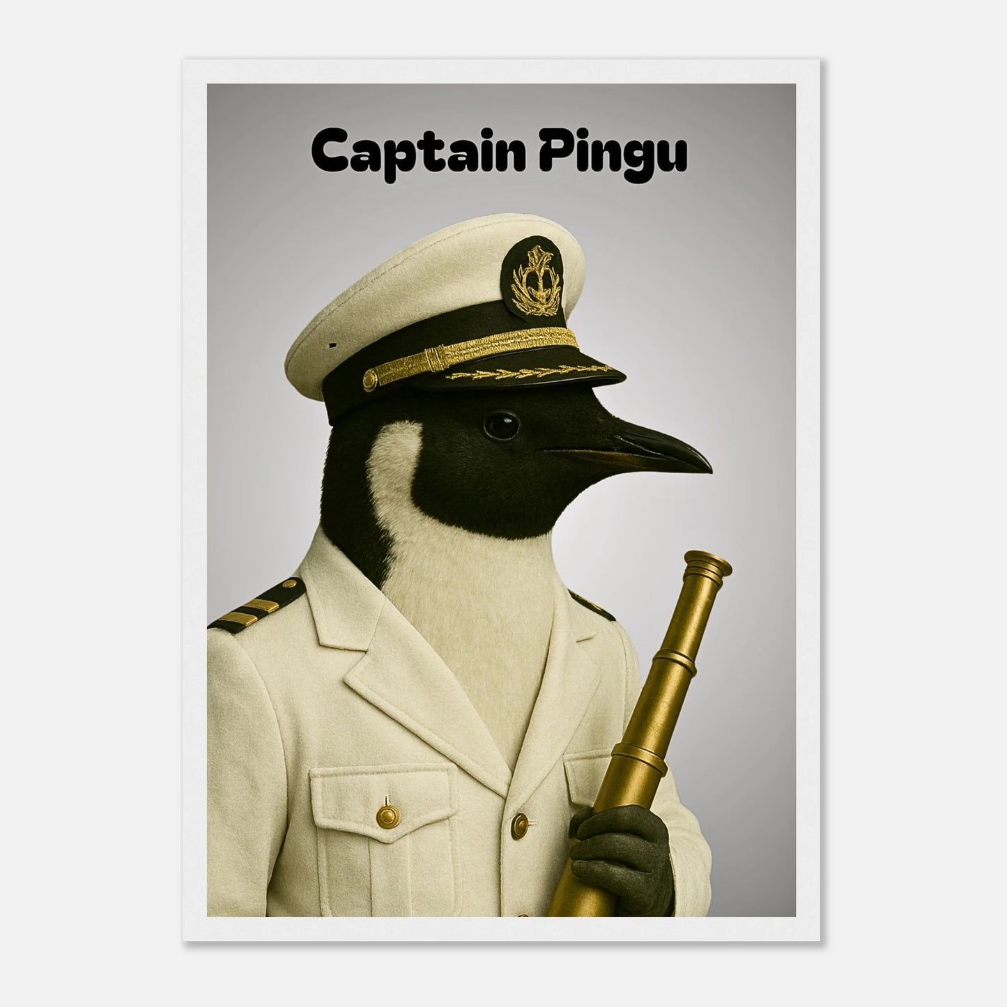 Poster „Captain Pingu – Ice-Cold Command“ im eleganten weißen Holzrahmen – stilvolles Pinguin Wandbild für moderne Räume