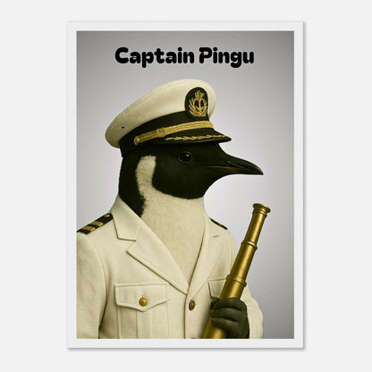 Poster „Captain Pingu – Ice-Cold Command“ im eleganten weißen Holzrahmen – stilvolles Pinguin Wandbild für moderne Räume